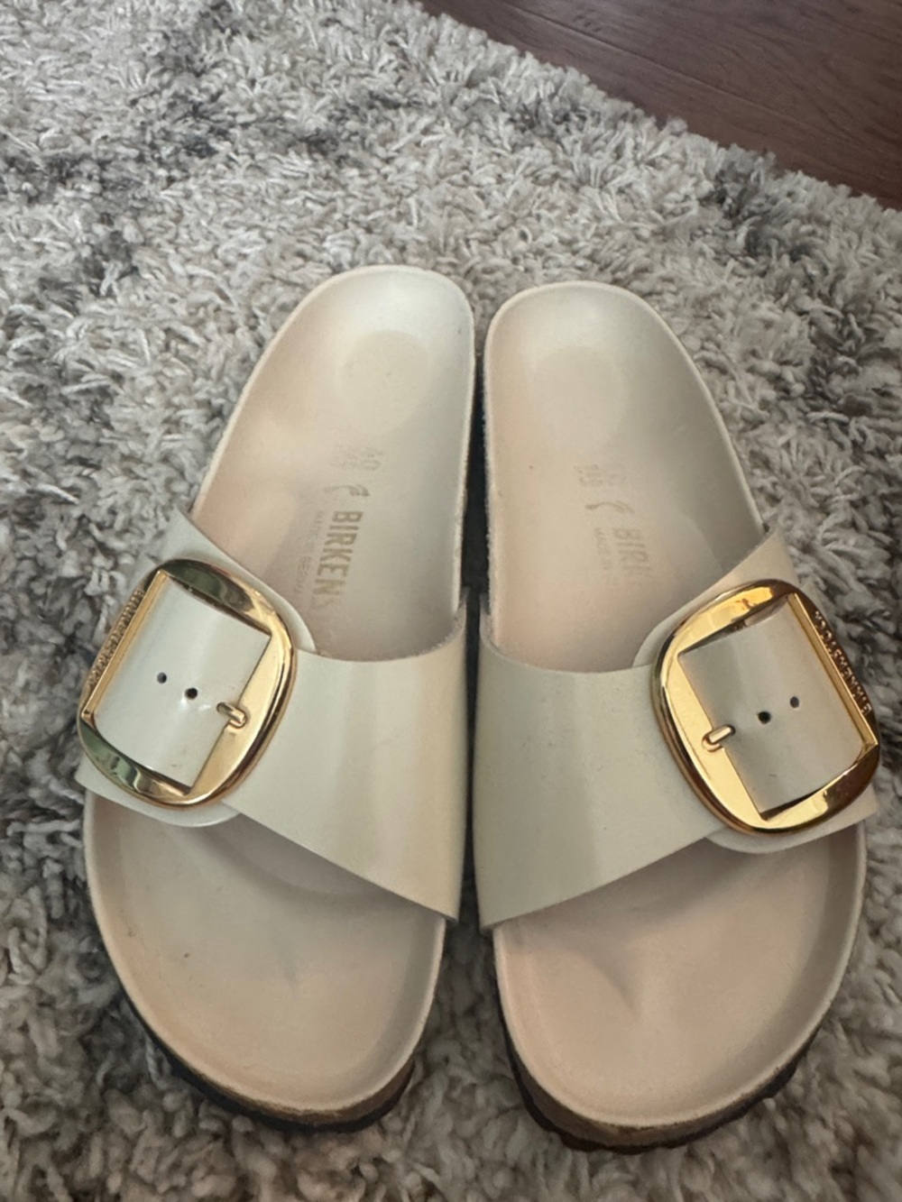 Birkenstock Single-Band Slide in Cream with Gold Buckle